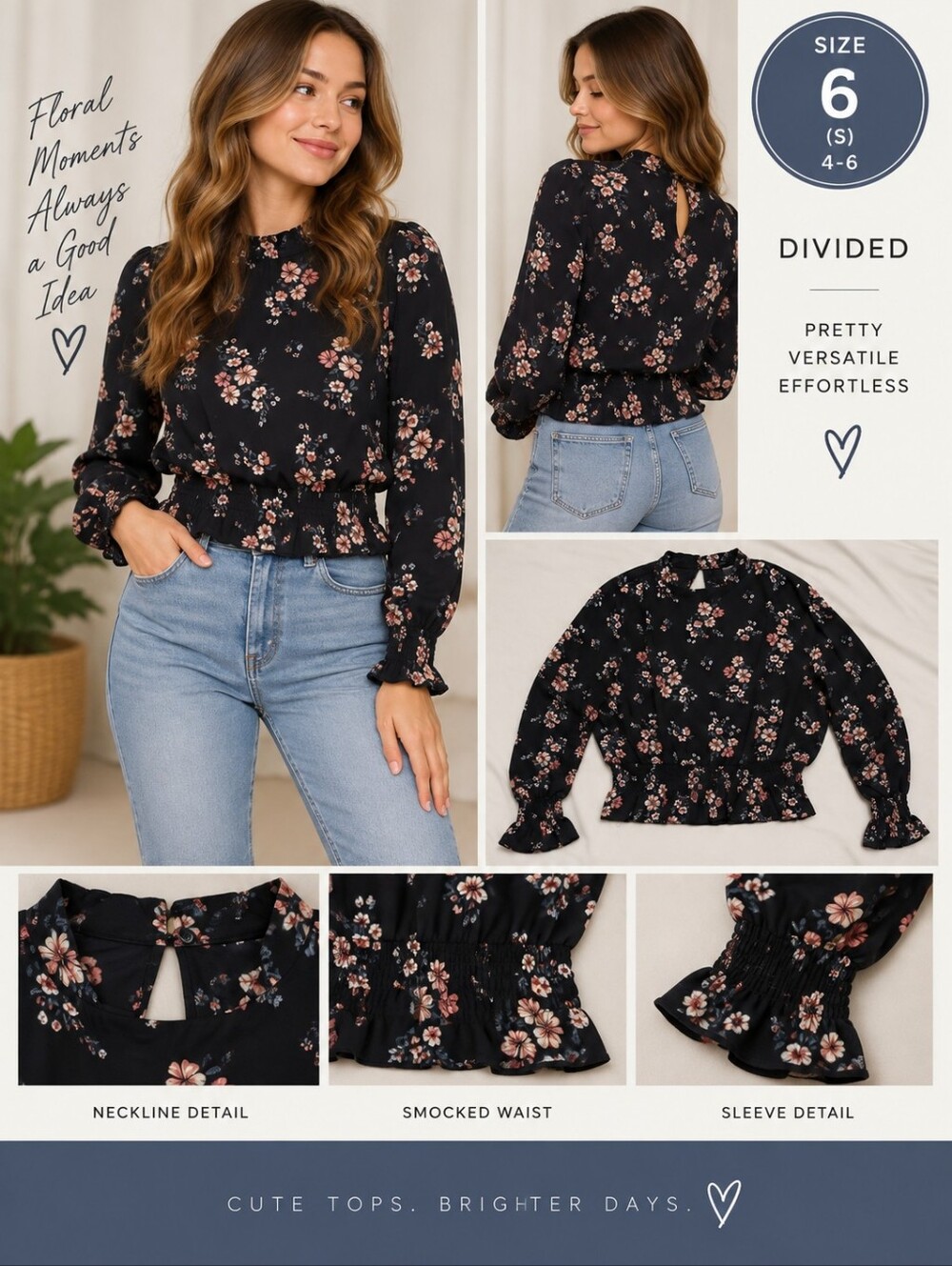 Divided women's size 6 blue floral long sleeve blouse #31